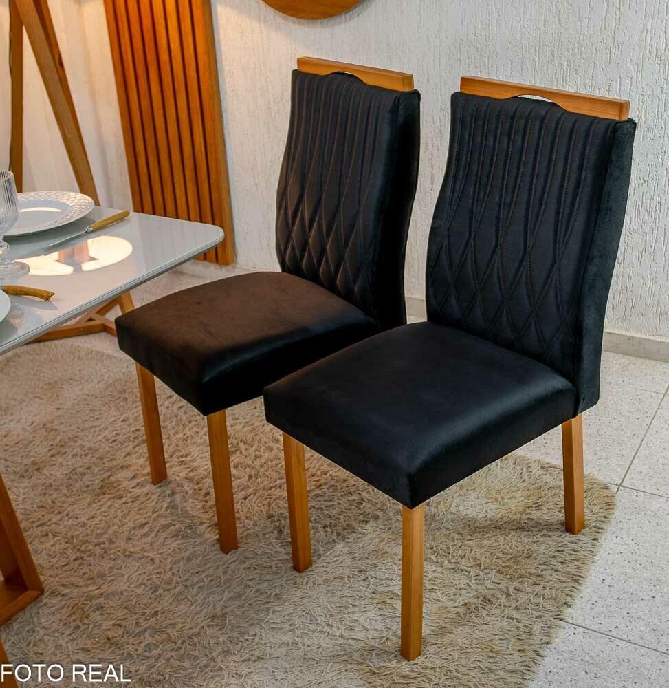Mesa Pedro Mel Vidro OFF 120×80 4 Cadeiras Genova Veludo Preto 504 Madeira Maciça Art Assento - Entregue Montada - Imagem 4