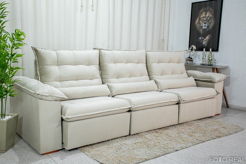 Sofá Retrátil Reclinável Emanuelly 3.20m Veludo Bege 01 - D28 Soft - Imagem 7