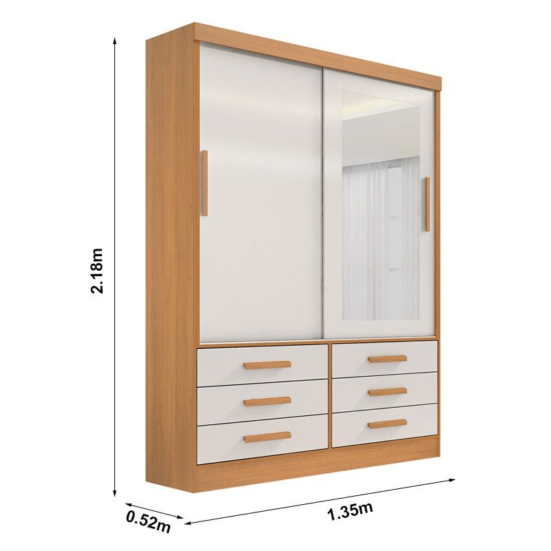 Roupeiro Solteiro Merídian Cinamomo/Off 2 portas c/ 1 Espelho 6 Gavetas Larg. 1.35m - D Doro - Imagem 3