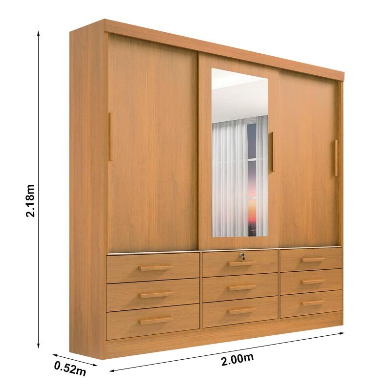 Roupeiro Casal Meridian Plus Cinamomo 3 Portas 9 Gavetas C/ 1 Espelho Larg. 2.00m - D Doro - Imagem 3