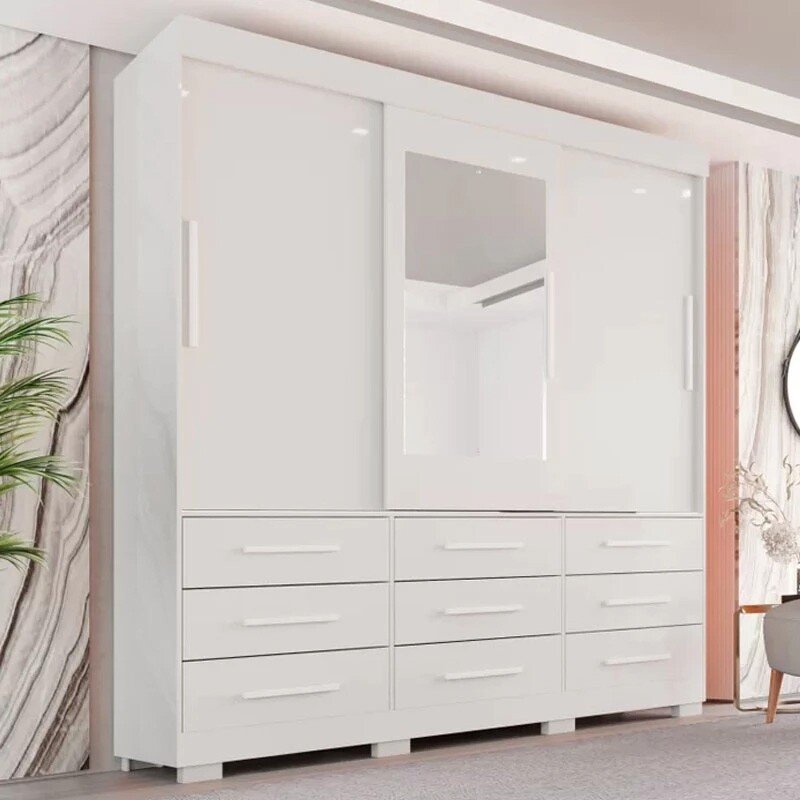 Roupeiro Athenas C/Espelho 3 Pts. 9 Gav. Branco Larg. 1.80m C/Pés Bianchi + Cama Box Casal Ortopédico D33 Rondoconfort Rondomóveis - Imagem 2