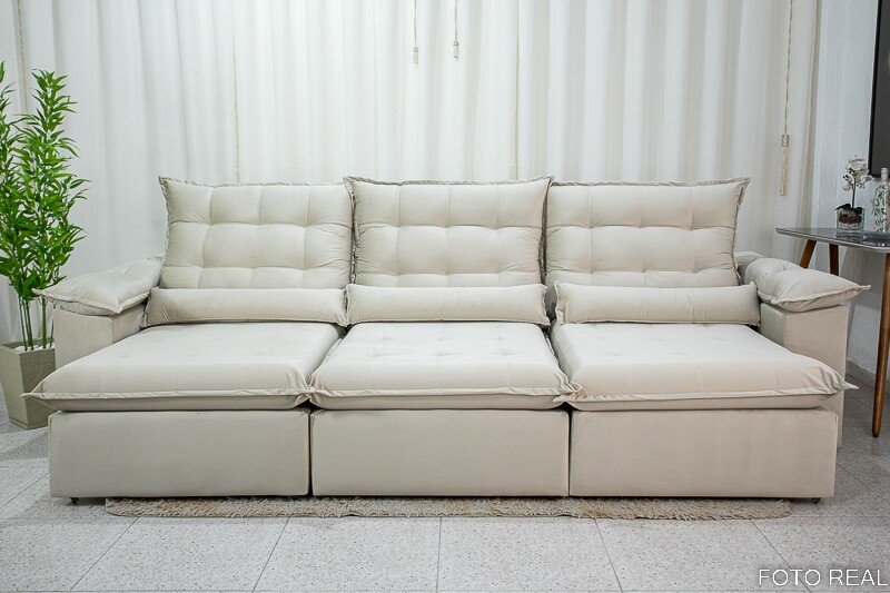 Sofá Retrátil Reclinável Emanuelly 3.20m Veludo Bege 01 - D28 Soft - Imagem 6