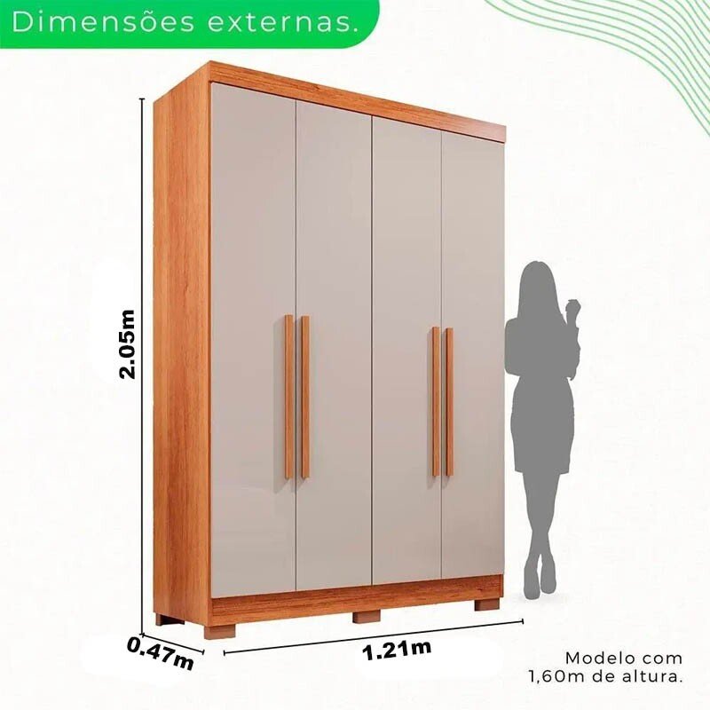 Roupeiro Solteiro Recife Cinamomo/Off 4 Portas 2 Gavetas C/Pés Larg. 1.21m - Sallêto - Imagem 3