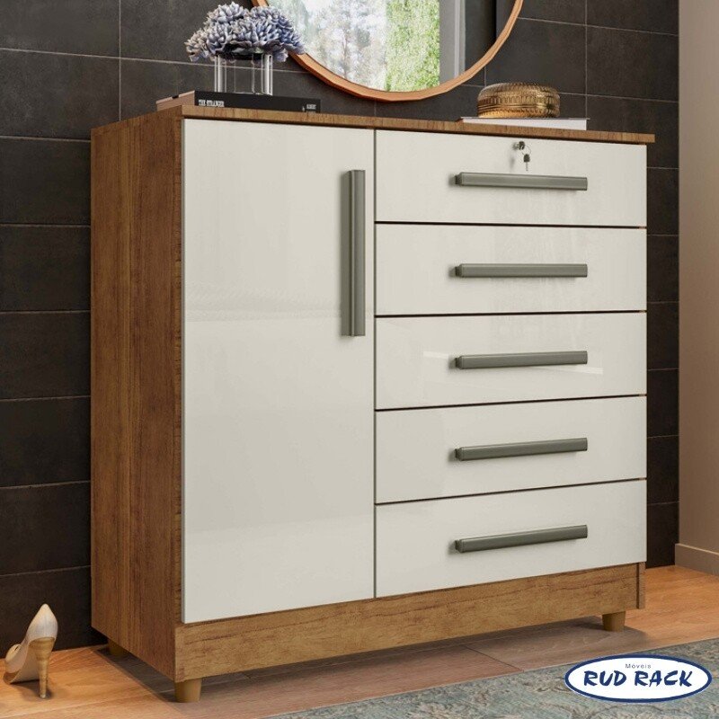 Cômoda Vitória com 5 Gavetas e 1 Porta Cedro/Areia com Pés Rud Rack