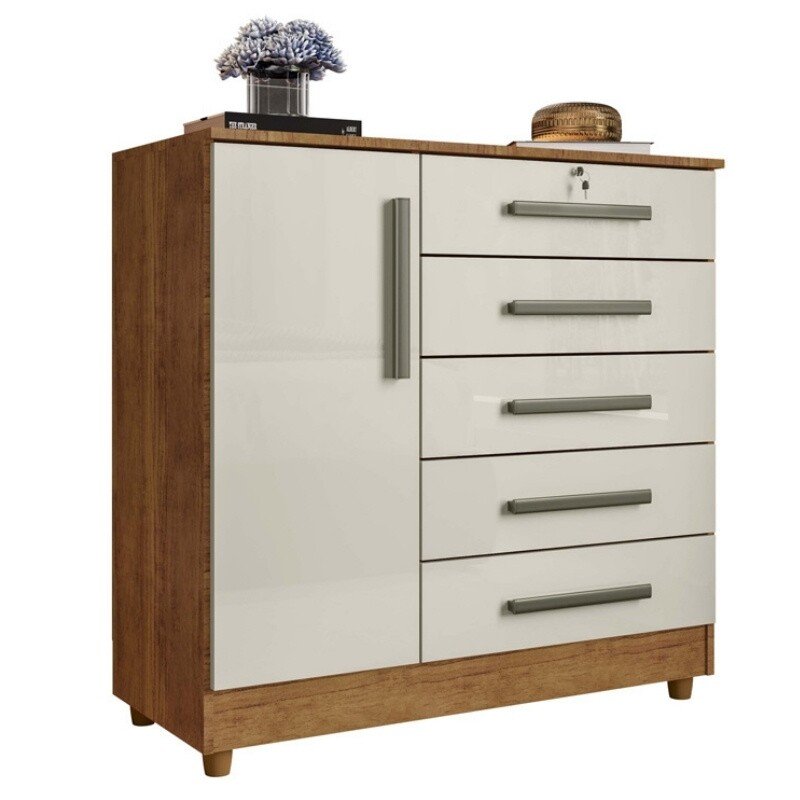 Cômoda Vitória com 5 Gavetas e 1 Porta Cedro/Areia com Pés Rud Rack - Imagem 3