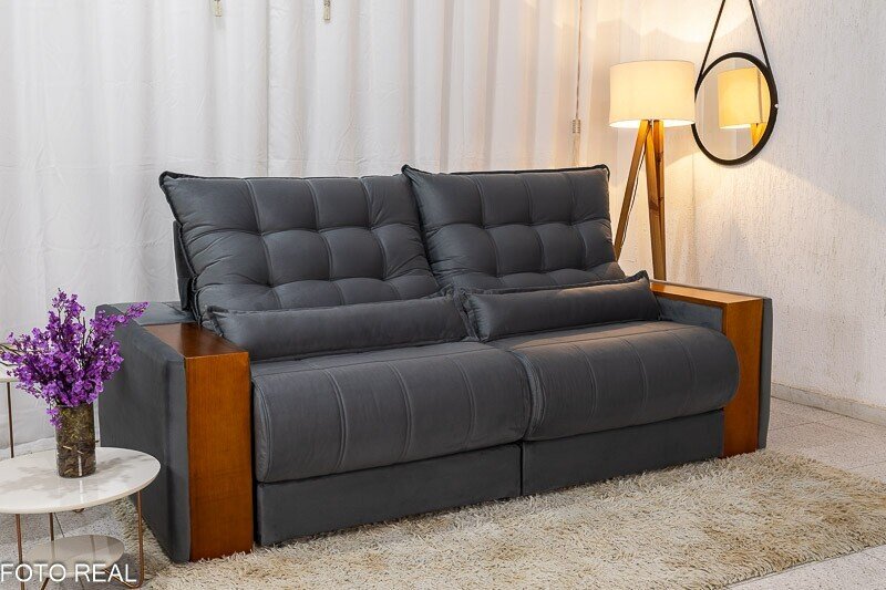 Sofá Retrátil Reclinável Gênova 2.50m Veludo Cinza 814 - Molas Ensacadas - Imagem 3