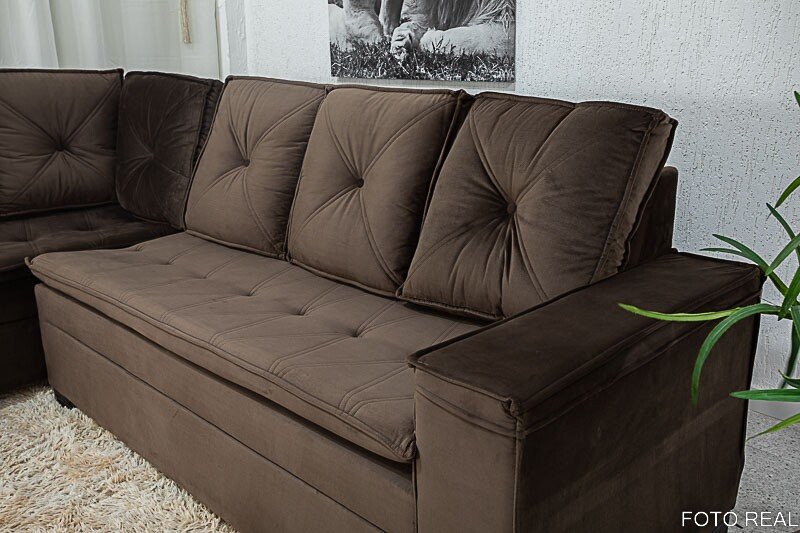 Sofá Canto 5 lugares com Puff Alemanha Veludo Marrom A17 - Imagem 6