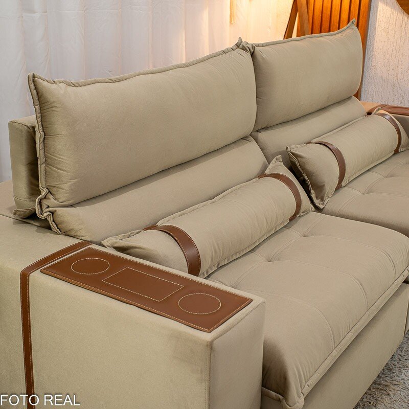 Sofá Retrátil Reclinável Ravello 2.50m Veludo Bege 3040/04 - Espuma D33 - Imagem 8