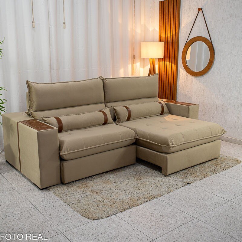 Sofá Retrátil Reclinável Ravello 2.50m Veludo Bege 3040/04 - Espuma D33 - Imagem 4
