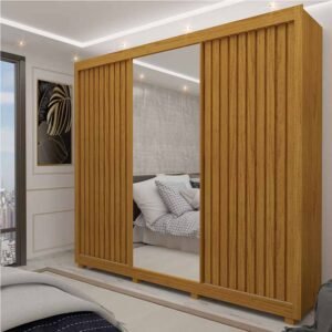 Roupeiro Casal Royale Naturale 3 Portas Ripado C/ 1 Espelho Larg. 2.28m - Gelius