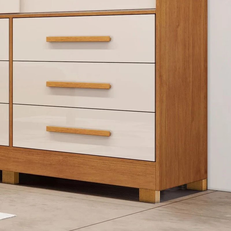 Roupeiro Casal Athenas Nature/Off 3 Portas 9 Gavetas C/ Espelho e Pés 100% MDF Larg. 1.80m - Bianchi - Imagem 4