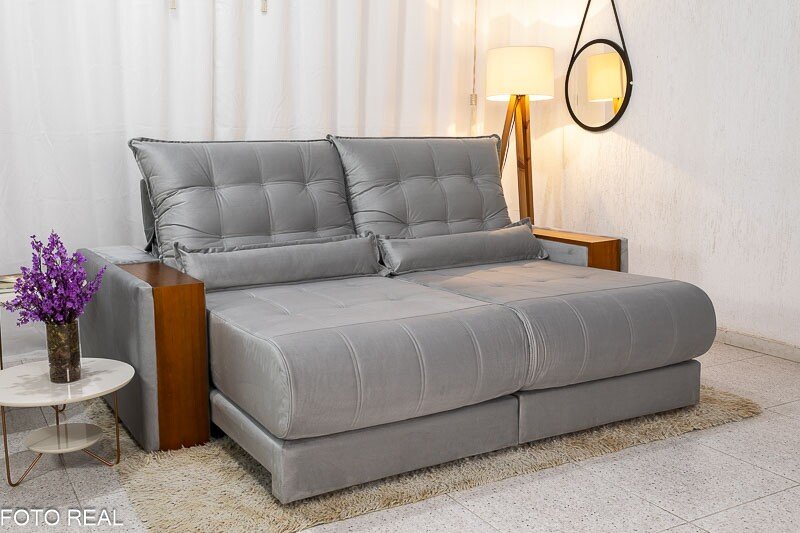 Sofá Retrátil Reclinável Gênova 2.30m Veludo Prata 823 - Molas Ensacadas - Imagem 2