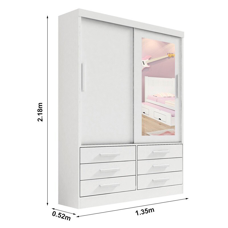 Roupeiro Solteiro Merídian Branco 2 portas c/ 1 Espelho 6 Gavetas Larg. 1.35m - D Doro - Imagem 3