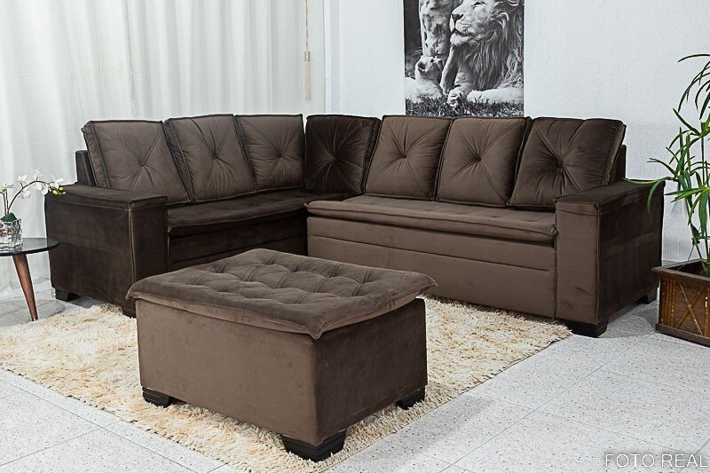 Sofá Canto 5 lugares com Puff Alemanha Veludo Marrom A17 - Imagem 2