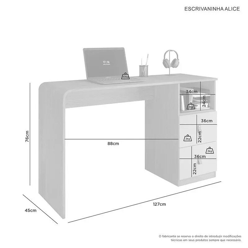 Escrivaninha Alice Larg. 1.27m Cinamomo/Off 2 Gavetas - JCM - Imagem 2