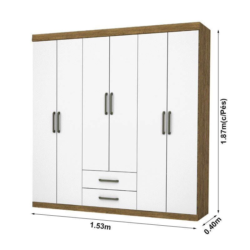 Roupeiro Solteiro Áries Cinamomo/Branco 6 Portas 2 Gavetas C/Pés Larg. 1.53m - Carioca - Imagem 3