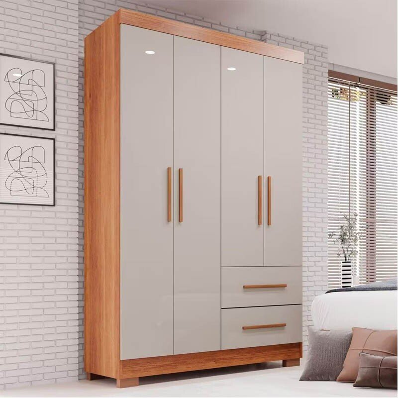 Roupeiro Solteiro Estrela Cinamomo/Off 4 Portas C/ Pés Larg. 1.00m - Sallêto