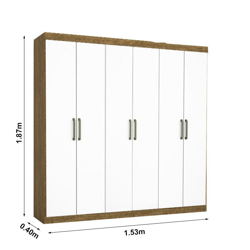 Roupeiro Solteiro Recife Cinamomo/Branco 6 Portas 2 Gavetas C/Pés Larg. 1.53m - Carioca - Imagem 3