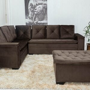 Sofá Canto 5 lugares com Puff Alemanha Veludo Marrom A17