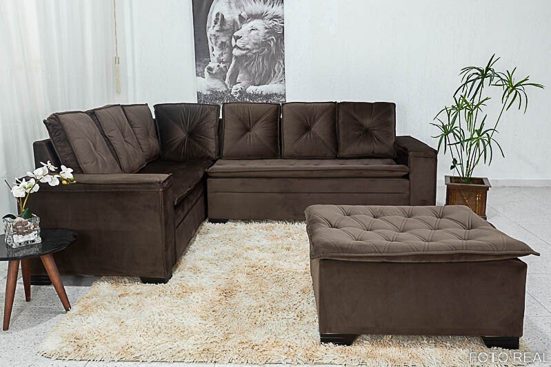 Sofá Canto 5 lugares com Puff Alemanha Veludo Marrom A17