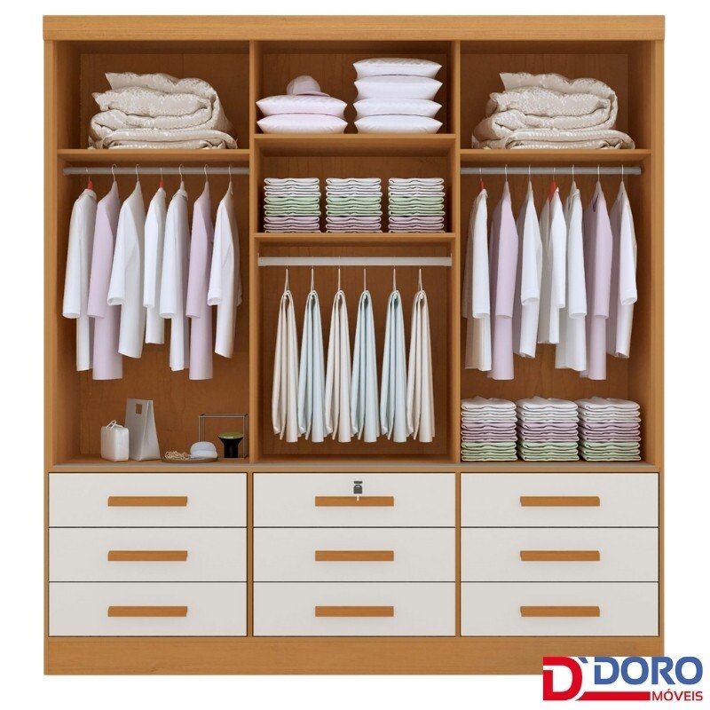 Roupeiro Casal Meridian Plus Branco 3 Portas 9 Gavetas C/ 1 Espelho Larg. 2.00m - D Doro - Imagem 2