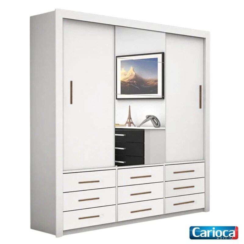 Roupeiro Anjos Branco 3 Portas 9 Gavetas C/ 1 Espelho Larg. 1.91m - Carioca Móveis