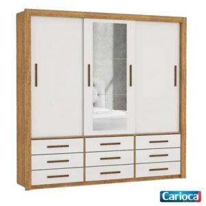 Roupeiro Anjos Cinamomo/Off 3 Portas 9 Gavetas C/ 1 Espelho Larg. 1.91m - Carioca Móveis