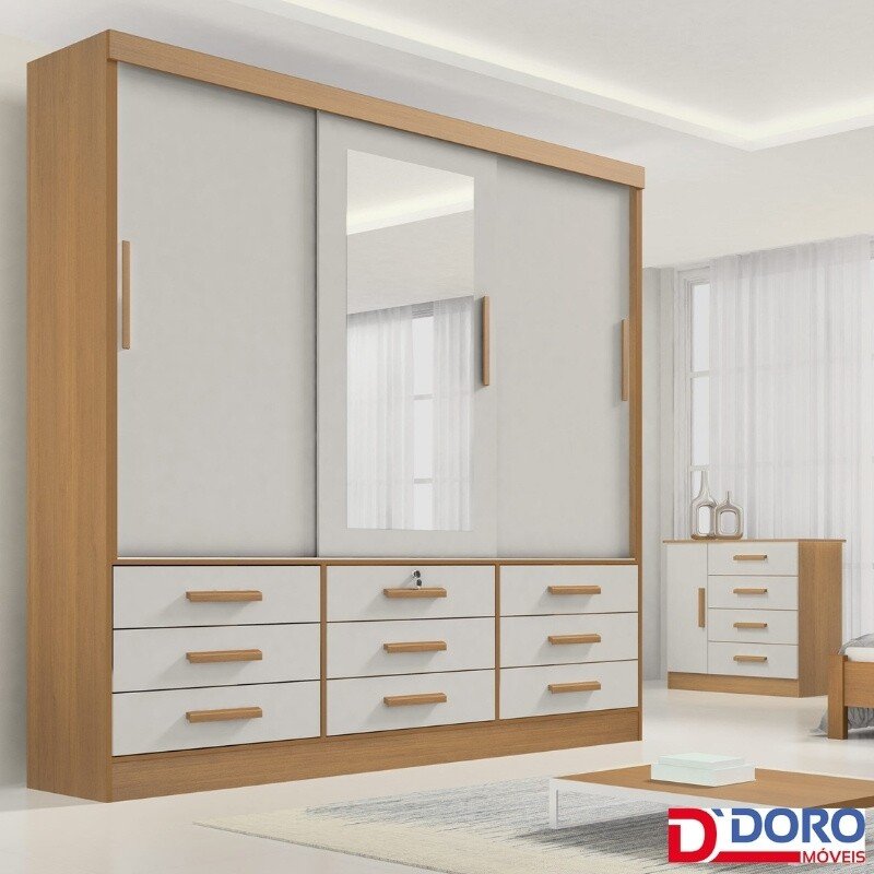 Roupeiro Casal Meridian Plus Cinamomo/Off 3 Portas 9 Gavetas C/ 1 Espelho Larg. 2.00m - D Doro - Imagem 3