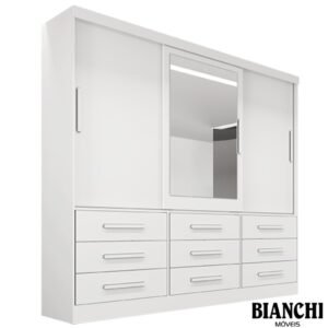 Roupeiro Casal Turim Branco 3 Portas 9 Gavetas C/ 1 Espelho 100% MDF Larg. 2.11 - Bianchi