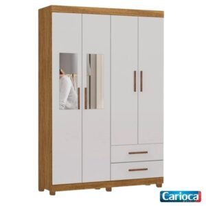 Roupeiro Solteiro Hercules Cinamomo/Off 04 Portas 02 Gavetas C/Espelho e Pés Larg. 1.18m - Carioca