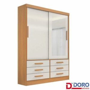 Roupeiro Solteiro Merídian Cinamomo/Off 2 portas c/ 1 Espelho 6 Gavetas Larg. 1.35m - D Doro