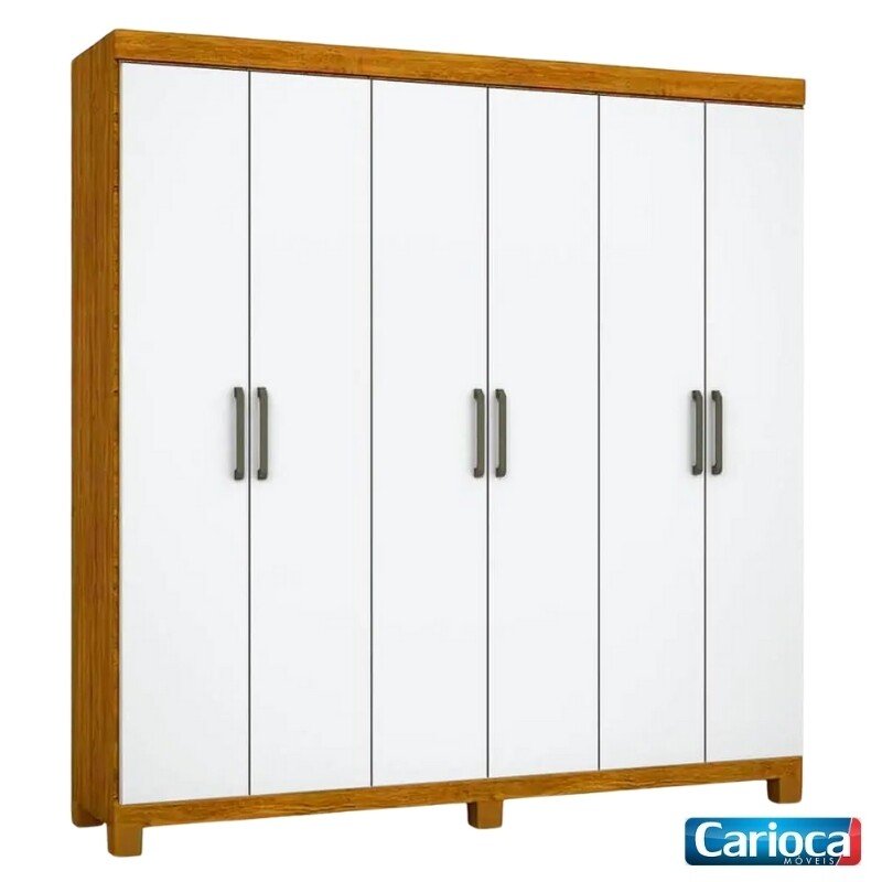 Roupeiro Solteiro Recife Cinamomo/Branco 6 Portas 2 Gavetas C/Pés Larg. 1.53m - Carioca