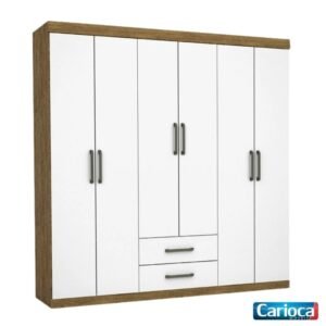 Roupeiro Solteiro Áries Cinamomo/Branco 6 Portas 2 Gavetas C/Pés Larg. 1.53m - Carioca