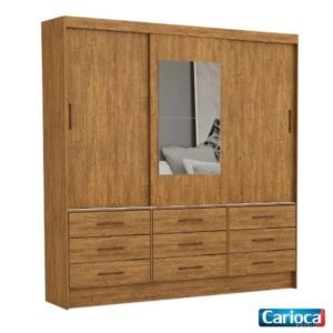 Roupeiro Solteiro Sevilha Cinamomo 3 Portas C/ 1 Espelho 9 Gavetas Larg. 1.62m - Carioca