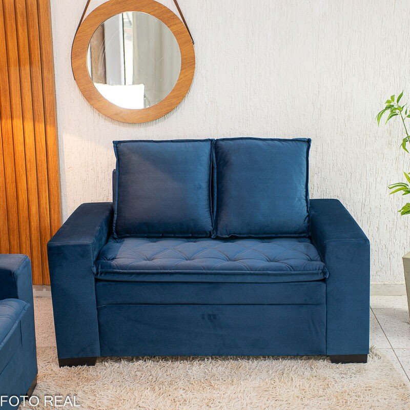 Sofá 3 e 2 lugares França com Puff Veludo Azul A16 - Imagem 3
