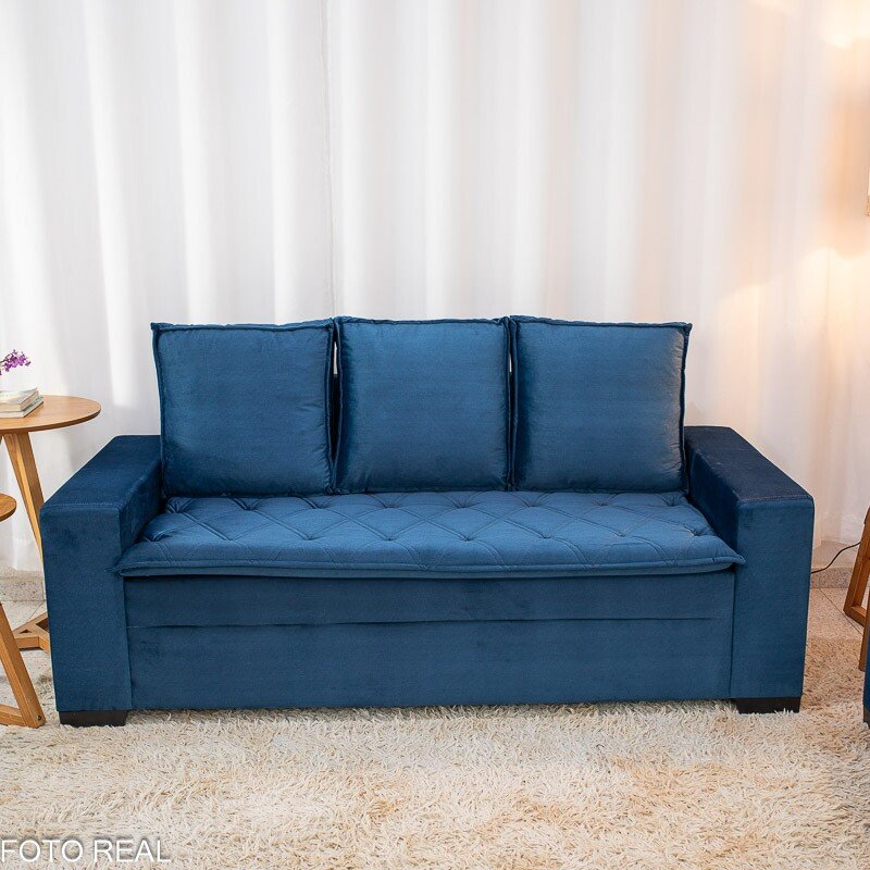 Sofá 3 e 2 lugares França com Puff Veludo Azul A16 - Imagem 2