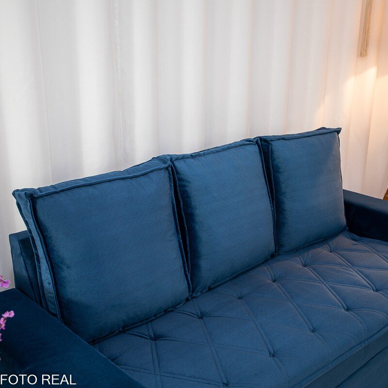 Sofá 3 e 2 lugares França com Puff Veludo Azul A16 - Imagem 5