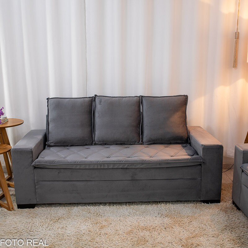 Sofá 3 e 2 lugares França com Puff Veludo Cinza A15 - Imagem 4