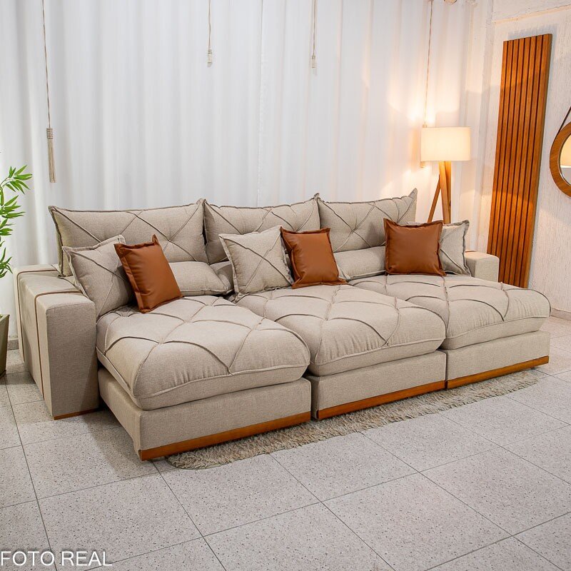 Sofá Retrátil Reclinável Gran Bello 3.20m Linho Bege - Molas Ensacadas