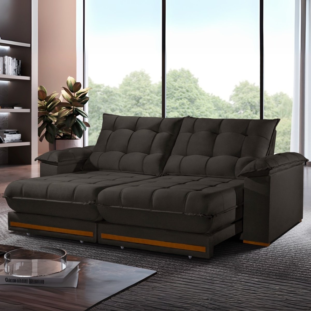 Sofá Retrátil e Reclinável Barcelona 2,50 m Veludo Marrom 320 - ESTOFADOS TEIXEIRA - Imagem 2