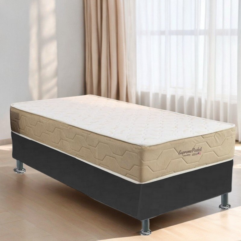 Colchão Solteiro Supreme Pocket D26 + Base Box Simples Corino Preto – INOVAFLEX + BIOSTAR