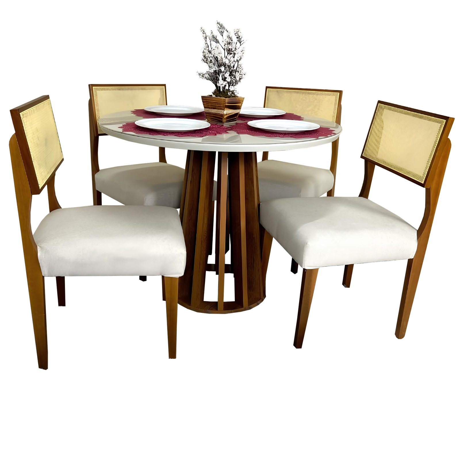 Mesa Berlim 100 Cinamono/Off White com 4 Cadeiras Grécia Linho Bege – CEL MÓVEIS + HR MOVELARIA - Imagem 2