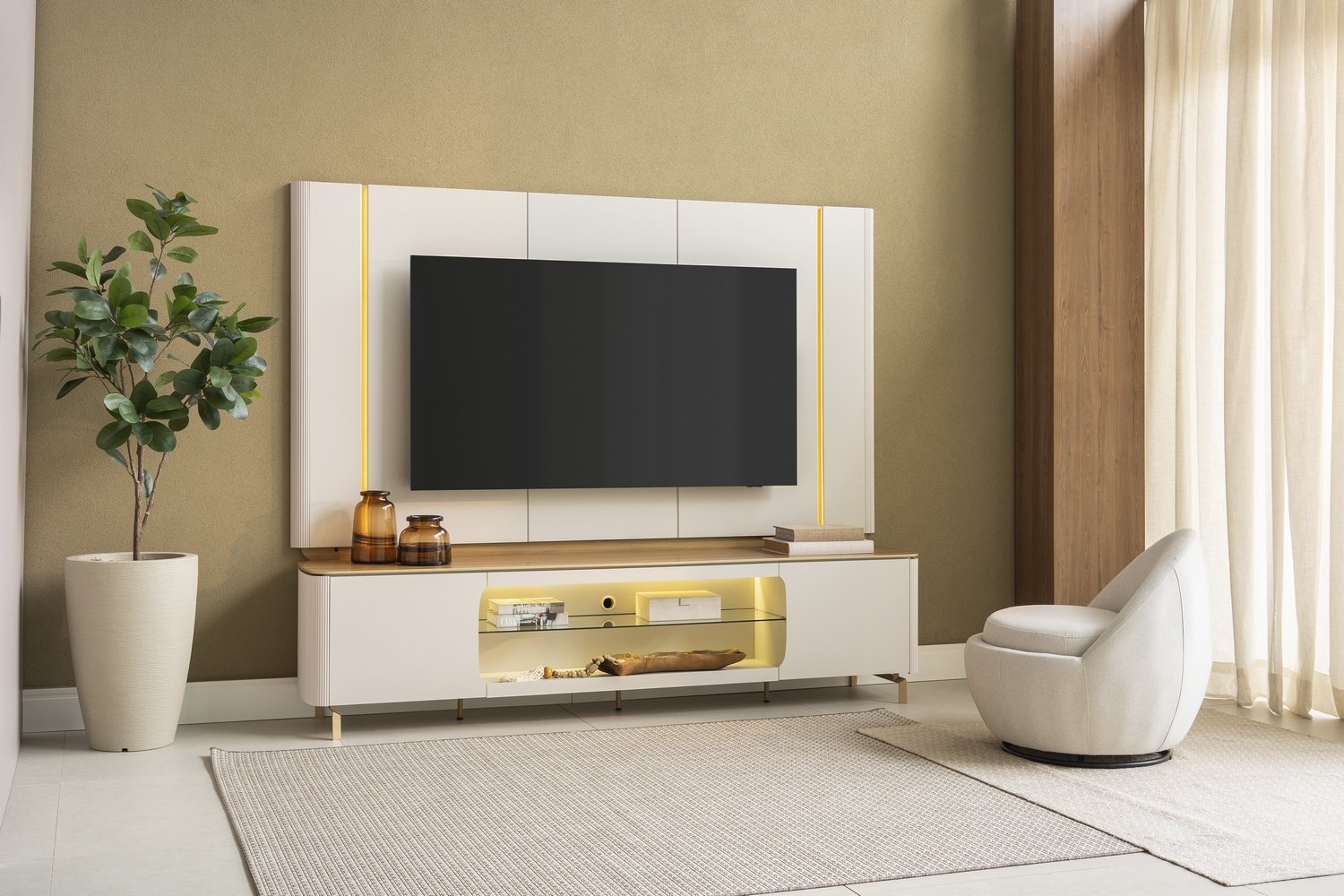 Painel + Rack Santorini Off White/Tauari Fosco - LINEA BRASIL - Imagem 15