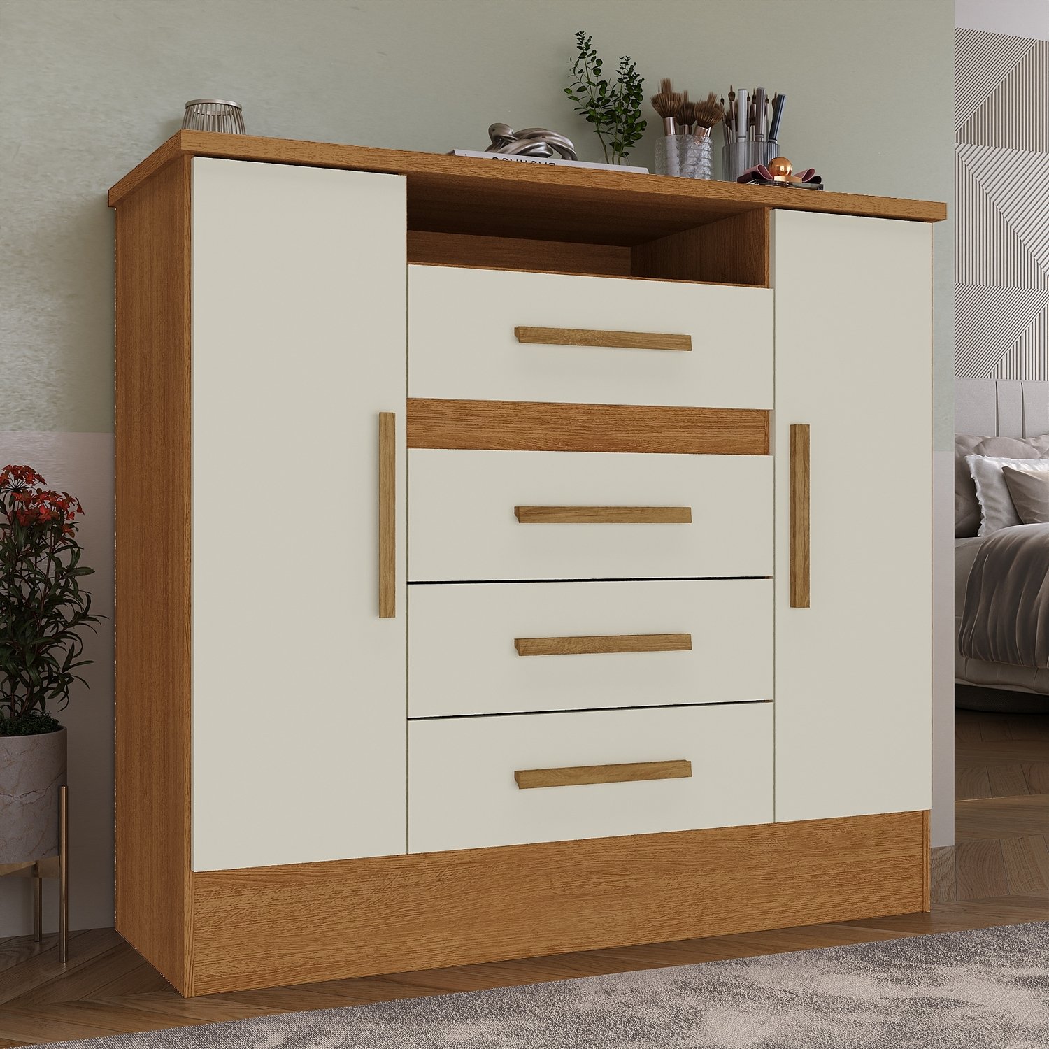 Cômoda 4 Gavetas e 2 Sapateiras Laguna 51CO2430 Cinamomo/Off White - RODIAL MÓVEIS
