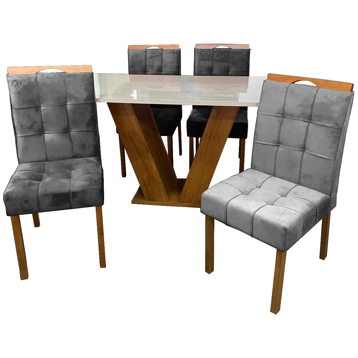 Mesa Classic 120 Cinamomo/Off White com 4 Cadeiras Sophia Mel/Veludo Cinza Grafite – CEL MÓVEIS + WM DECOR - Imagem 3