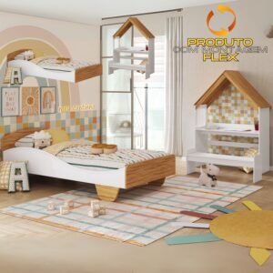 Kit Casinha + Cama Solteiro Sol Branco Brilho/Amêndoa – PEROBA MÓVEIS