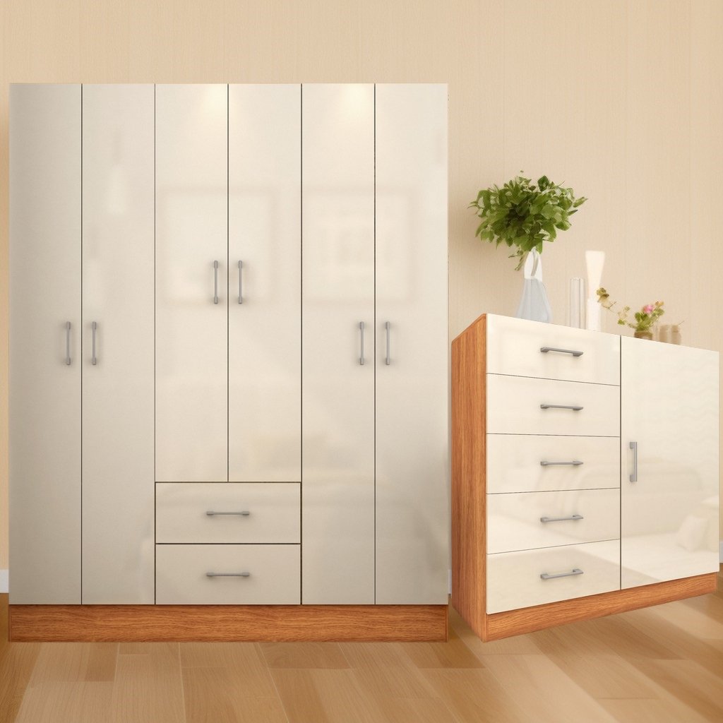 Guarda-Roupa 6 Portas Jamaica 6002 + Cômoda 5 Gavetas Sapateira Miami Cinamomo/Off White – FELLICCI - Imagem 2