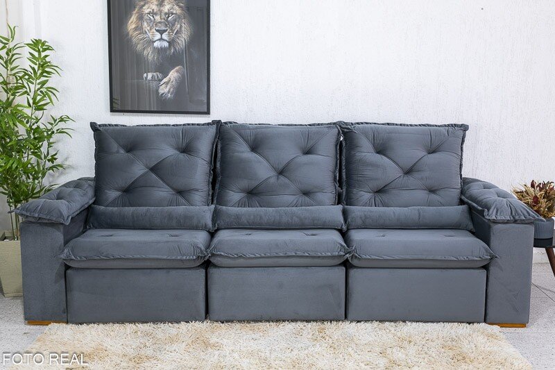 Sofá Retrátil Reclinável Roma 2.70m Veludo Cinza 20 - D28 Soft - Imagem 5