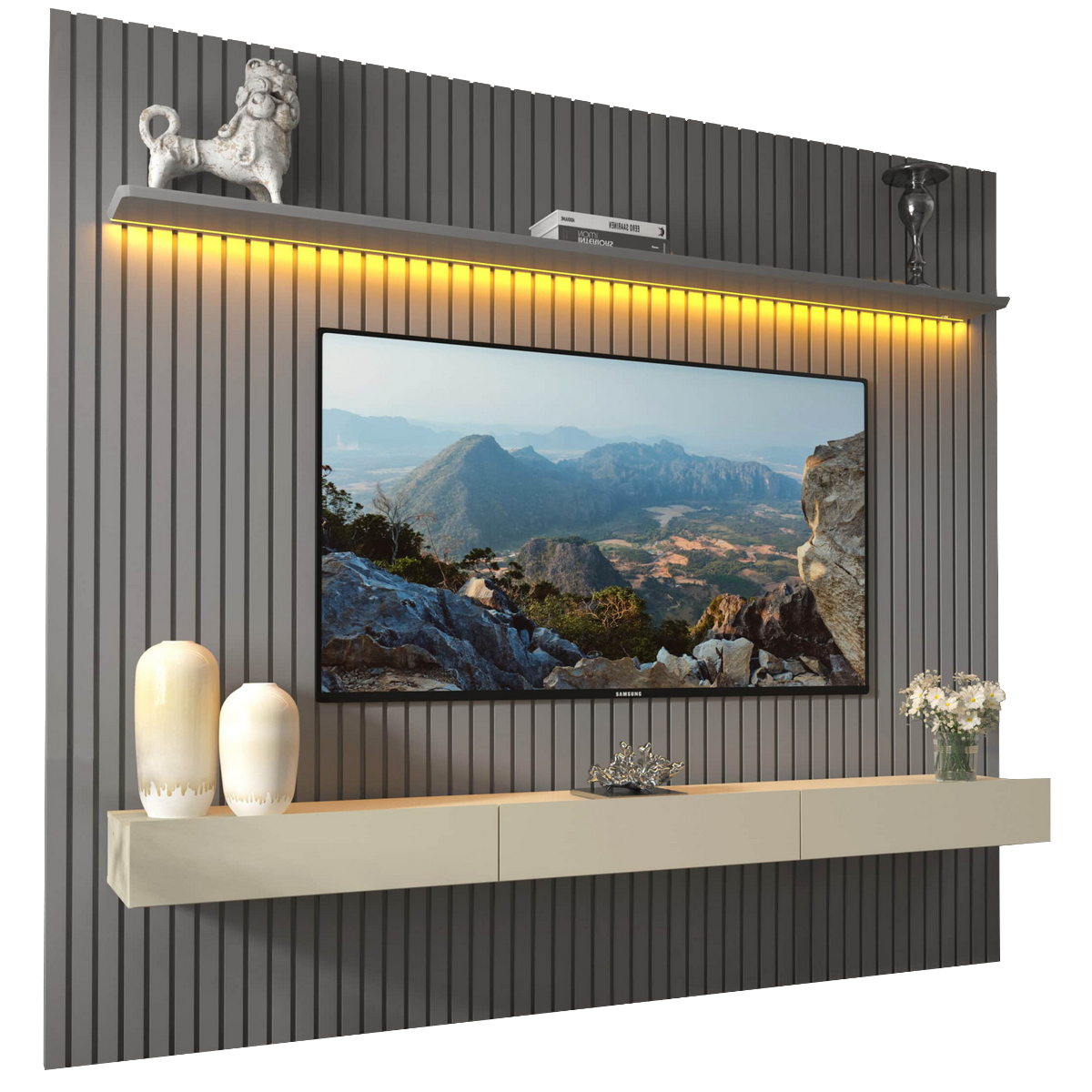 Home até 85" Nobre Ripado 230(Com Nicho) Cinza/Off White - GELIUS - Imagem 2