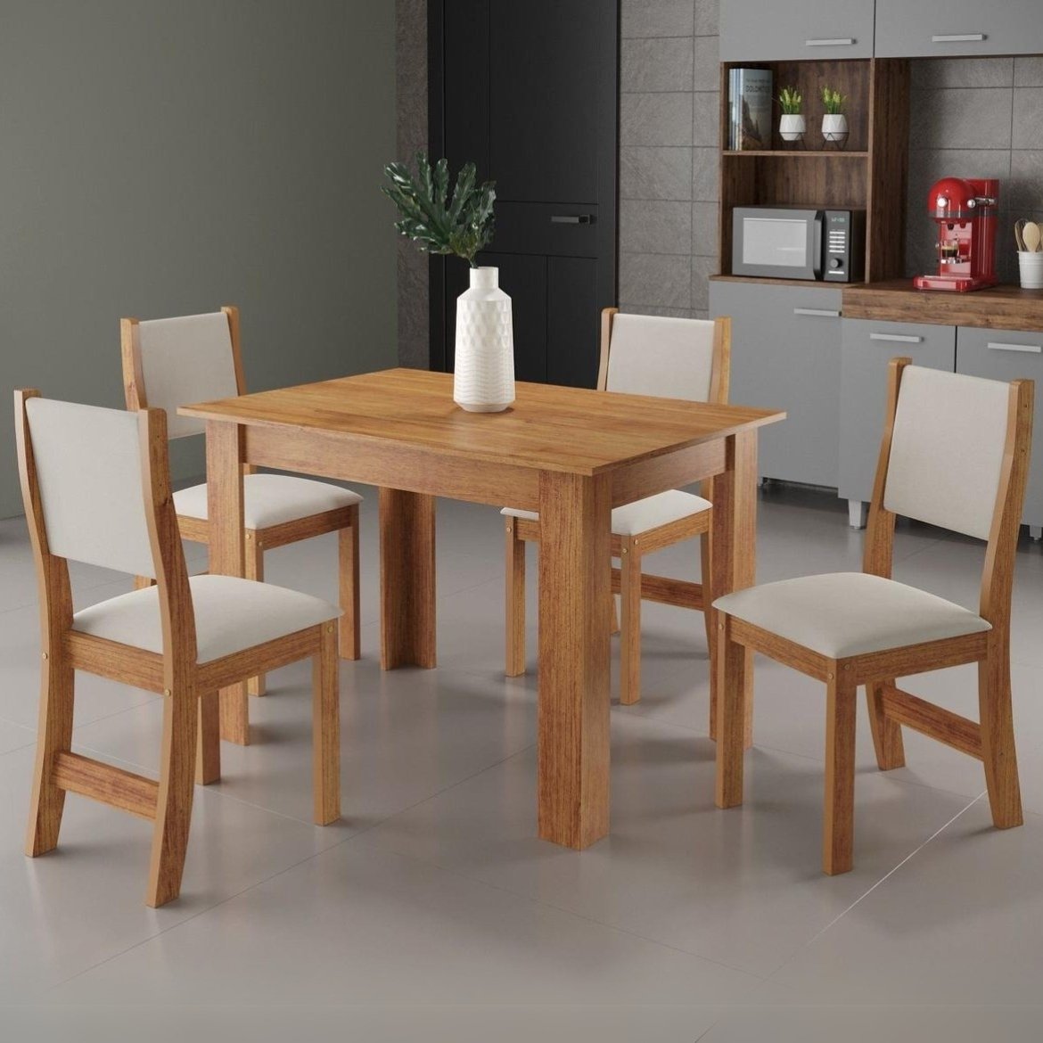 Mesa Palace/Perla Mel com 4 Cadeiras Sol Linho Bronze – VIERO MÓVEIS